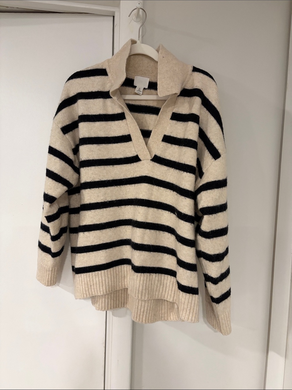 H&M Cream and Black Striped V-Neck Sweater with Fold-Over Collar